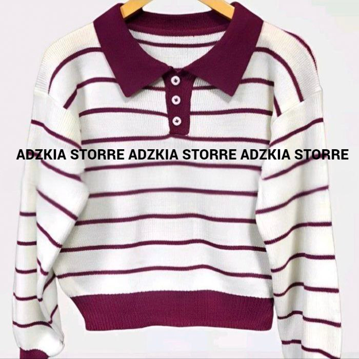 Atasan Rajut polo wanita|polo sweater rajut stripes knit|sweater rajut