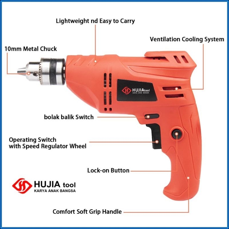 Hujia Mesin Bor Listrik 10mm, Bor Kayu Tembok PVC 2110