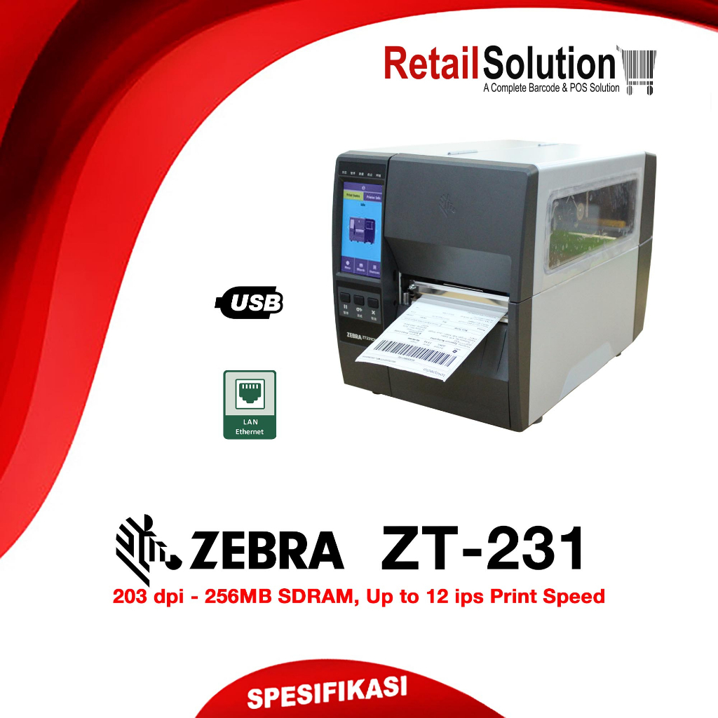 Printer Barcode Label Industri 203 DPI USB LAN - Zebra ZT231 ZT-231