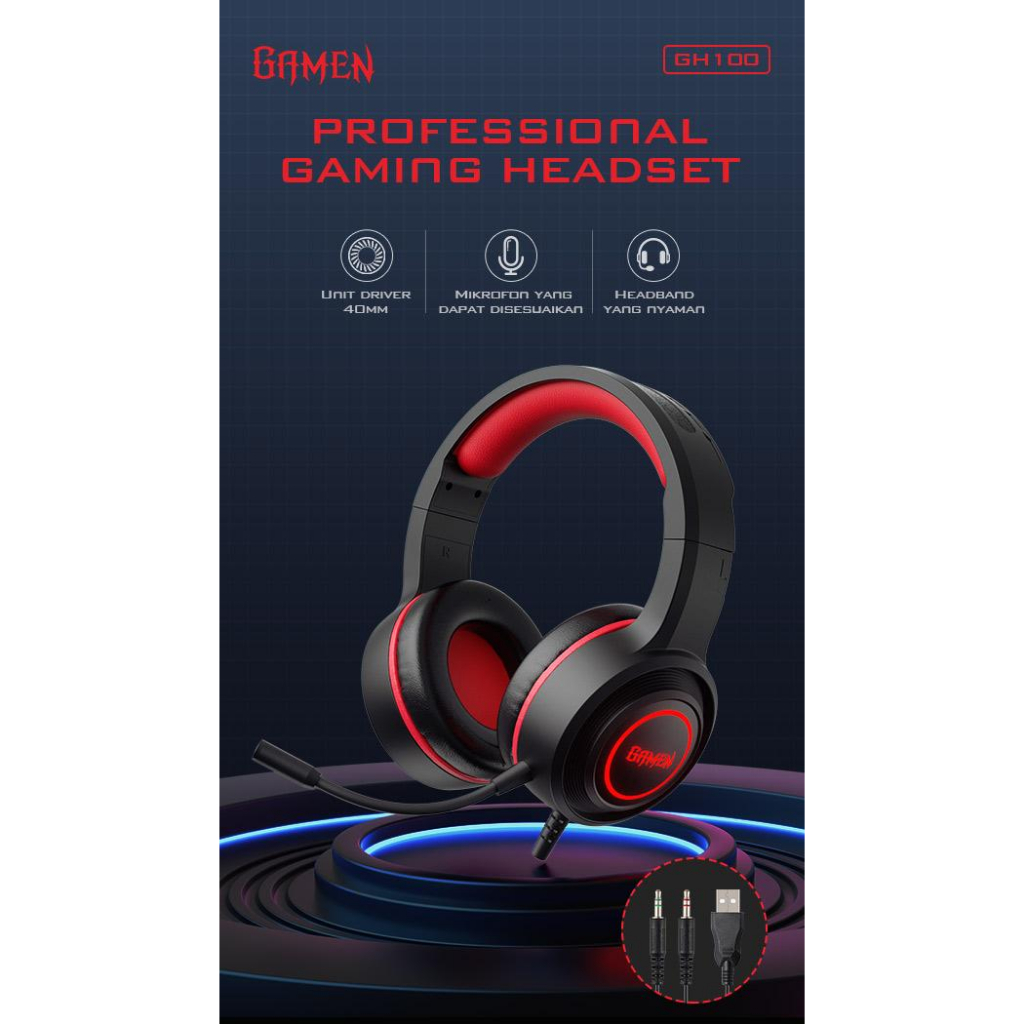 GAMEN GH100 Gaming Professional Headset / Earphone / Headphone Gaming 3D Sound With Mic For PC / Handphone