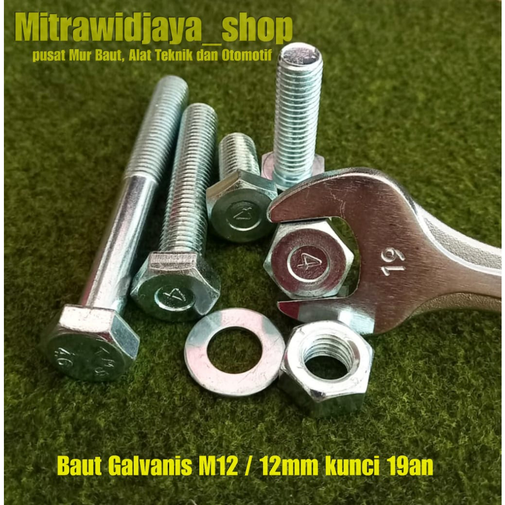 Baut kunci 19 19an  baut mur galvanis M12x100mm drat P1.75 standart panjang 1cm 2cm 3cm 4cm 5cm 6cm 
