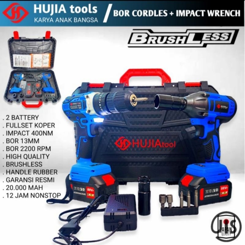 Paket Hemat Bor Cordless Hujia 2021 + Impact Wrench Hujia 2221