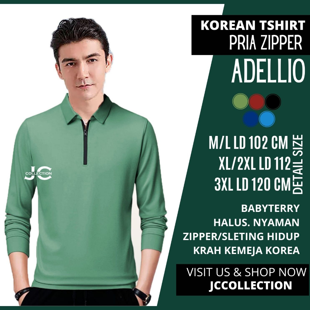 Kaos Pria kerah Lengan Panjang Pria Gaya Korea variasi seleting Adelliyo / Tshirt Kaos Pria Korea Style JCCollections