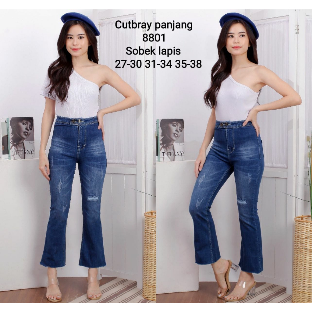 SR- Celana Panjang Jeans Wanita Cutbray Sobek Lapis COD/ Bayar Ditempat