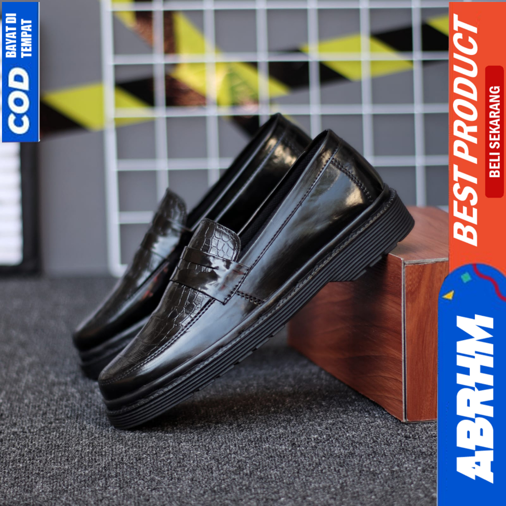 ABRHM Sepatu Loafers Docmart Formal Pantofel Kerja Hitam Pria