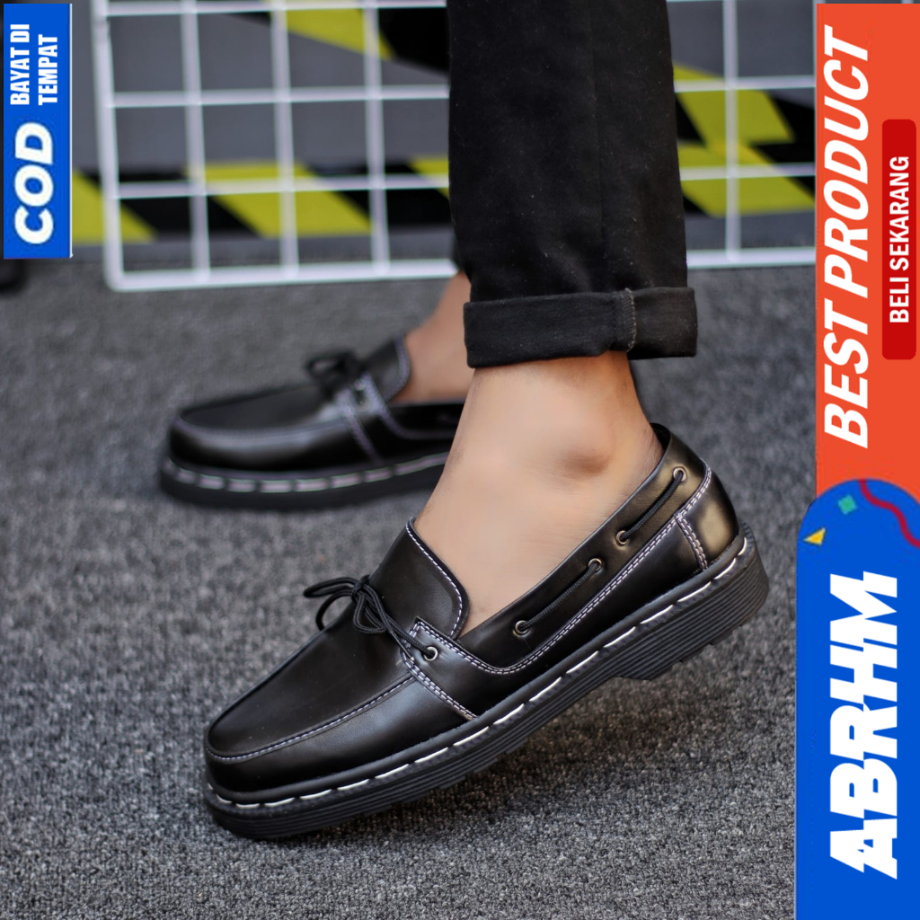 ABRHM Sepatu Loafers Formal Pantofel Docmart Kerja Hitam Pria