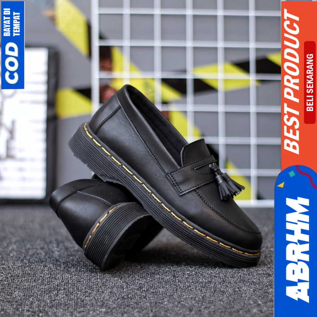 ABRHM Sepatu Loafers Formal Pantofel Docmart Casual Kerja Hitam Pria