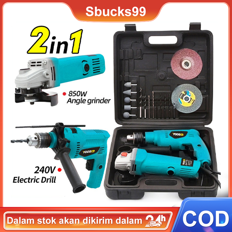 2in1 Mesin Bor original electric impact drill and grinder set (Grinder Disc and Drill Bits set)  Power Tool Set