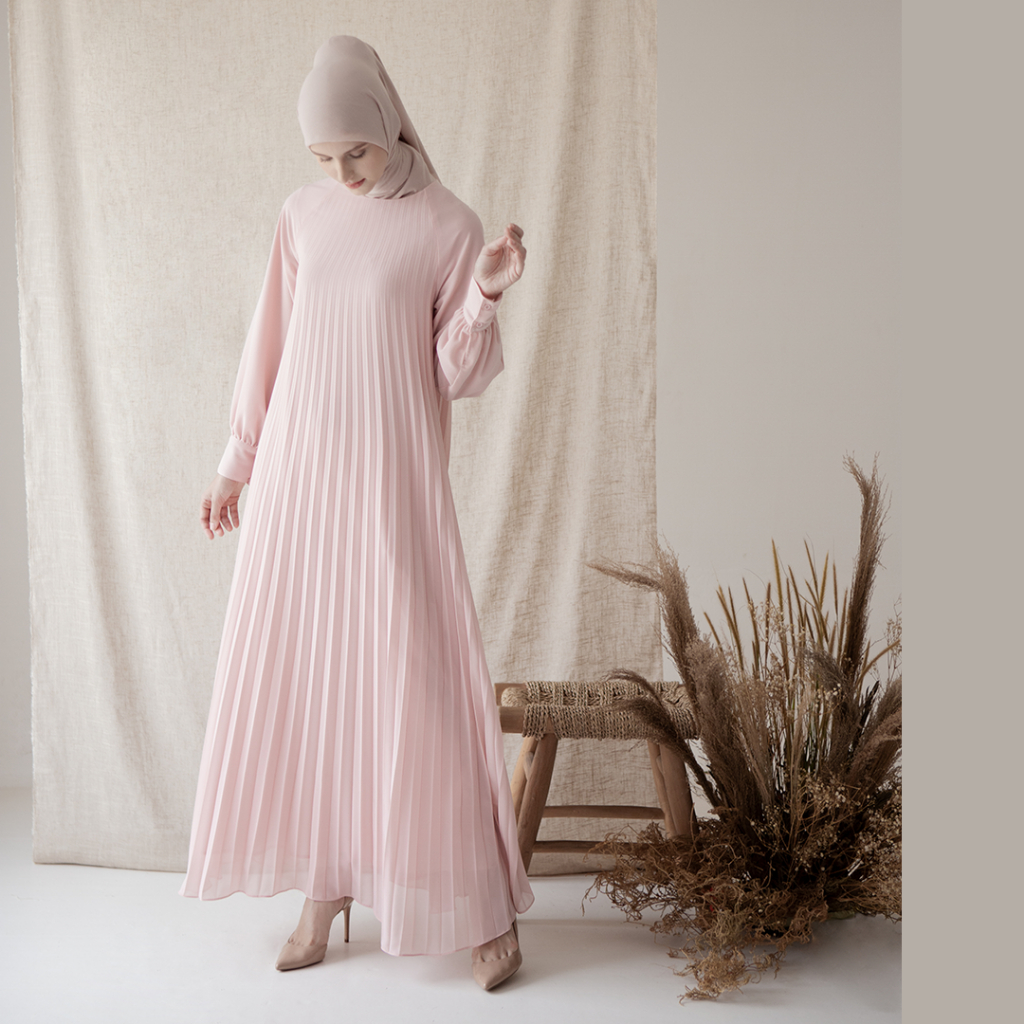 Keshvari by Aska Label - Gamis wanita plisket dress pleats cantik elegan lengan panjang dengan ikat pinggang