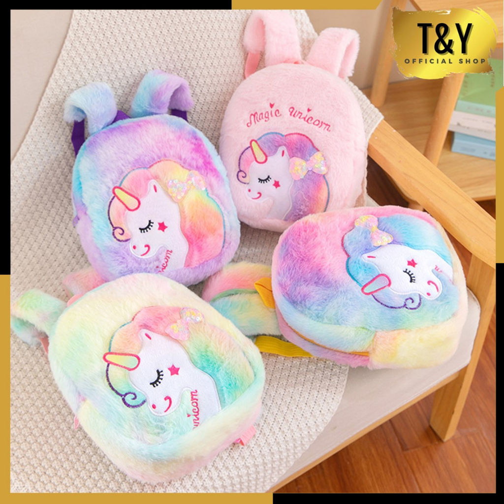 T&amp;Y Tas Ransel Anak TK Paud karakter Unicorn Tas Sekolah Anak Model Bulu Halus Ransel Unicorn Berkualitas Import