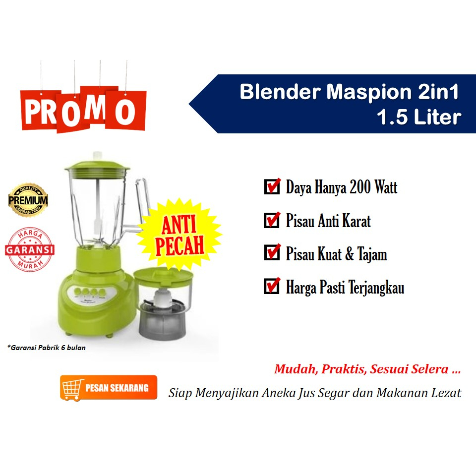 Rekomendasi Blender 2 In 1 Blender Maspion 1521 Warna Hijau 2 In 1 Dua Gelas Plastik Murah Asli 200w