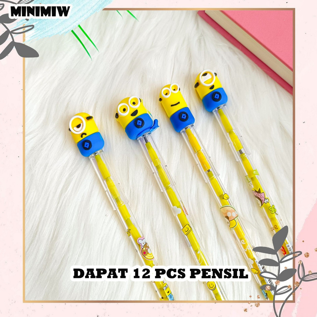 &quot;SELUSIN PENSIL SUSUN MINION ISI 12 PCS PENCIL PELURU BENSIA REFILL ORIGINAL UNTUK UJIAN ALAT TULIS SEKOLAH  KARAKTER UNIK LUCU MURAH COD&quot;