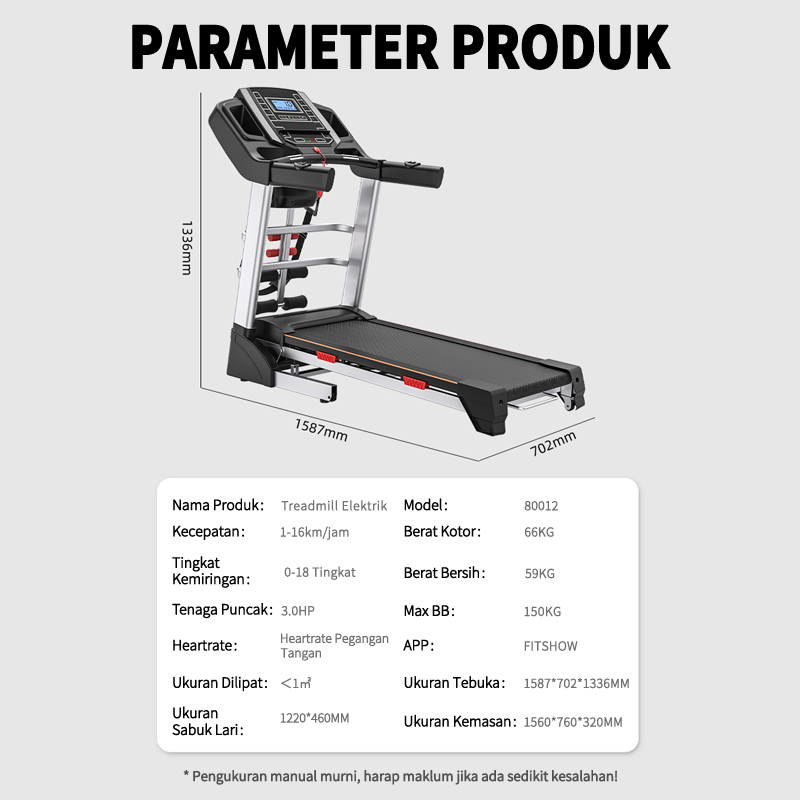 3.0 HP Treadmill Listrik Lipat Rumah / Treadmill Gym / Alat Fitness Treadmill Elektrik Gym