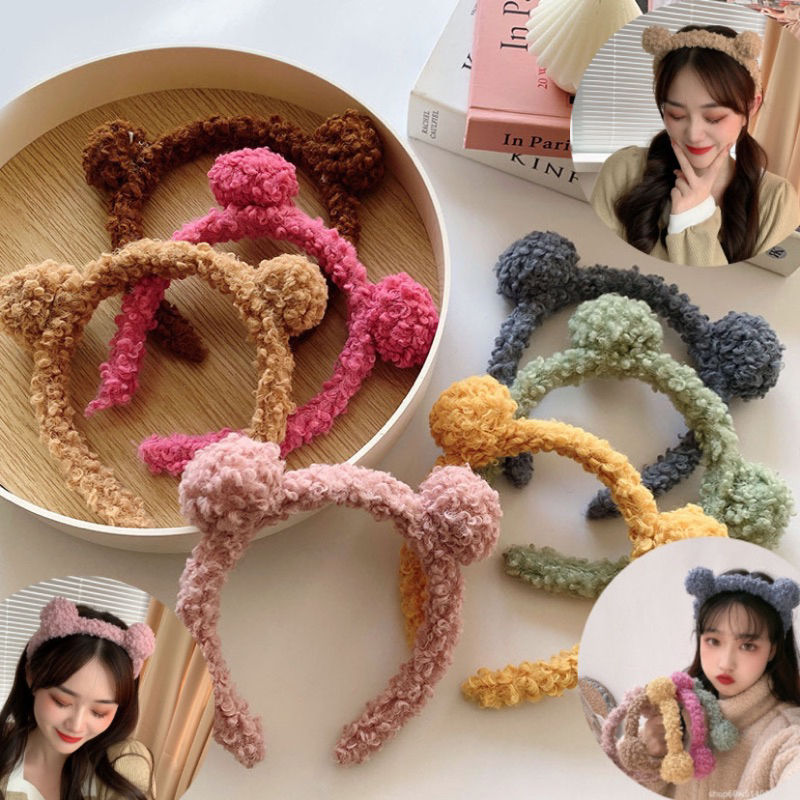 Bando Karakter Telinga Beruang Bear Bulu Korea Kekinian Bandana Bando Handuk Aksesoris Rambut Murah Import