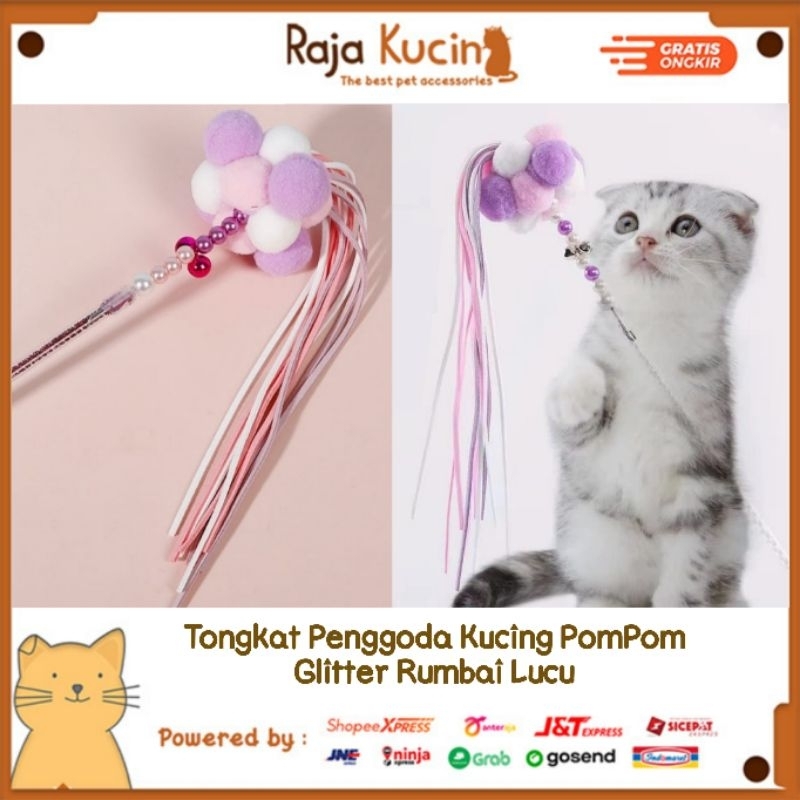 Mainan kucing tongkat penggoda pompom glitter dengan rumbai lucu