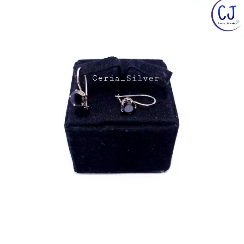 Anting Perak Asli Silver Wanita 925 Lapis Emas Putih Model Desi Permata Hitam - Perak Asli Silver 925 Wanita