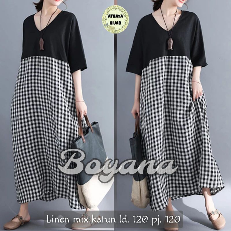 Boyana Midi Dress Jumbo Linen Mix Katun LD 120 By Athaya Hijab