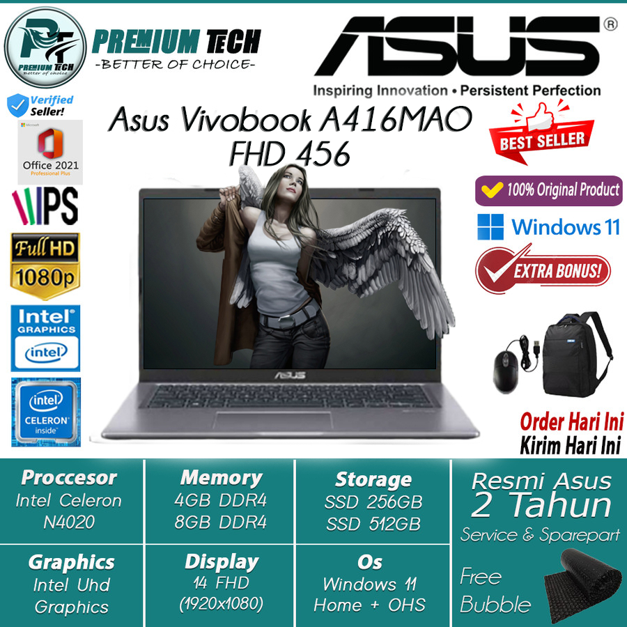 Laptop Murah Asus Vivobook A416MAO Intel Celeron N4020 Ram 8GB 512GB SSD FHD Windows 11 OHS Original Terlaris