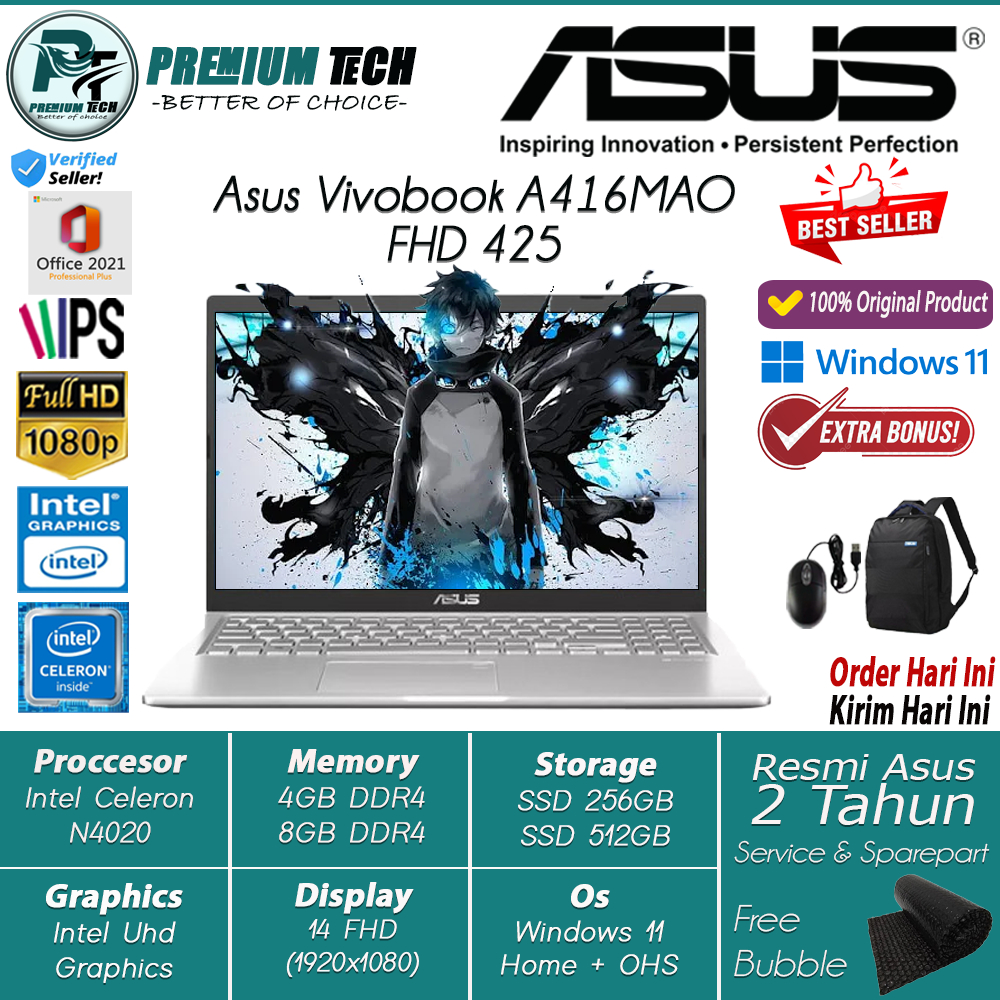 Laptop Murah Asus Vivobook A416MAO Intel Celeron N4020 Ram 8GB 512GB SSD FHD Windows 11 OHS Original Terlaris