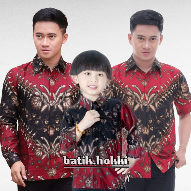 Batik Hokki-Kemeja Batik Couple Ayah dan Anak Laki-laki Modern Baju Batik Pria Motif Keris Merah