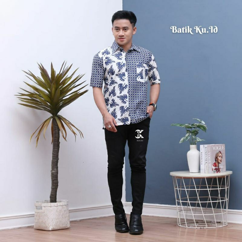 Kemeja Batik Pria Lengan Pendek Premium Slimfit Motif Daun Tunggal Bahan Katun Untuk Kerja Kantor Ou