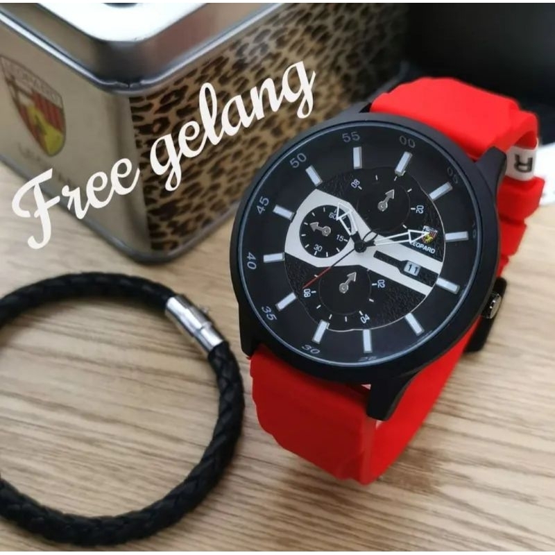 Jam Tangan Pria Leopard Tali Rubber Tanggal Aktif free Gelang