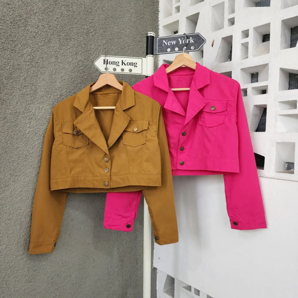 JACKET WANITA MON CROP BAHAN BABY CANVAS LD 105 CM BLOUSE WANITA LENGAN PANJANG / BAJU CROP WANITA KOREAN STYLE / KEMEJA CROP OVERSIZE WARNA FUCHIA , MOCCA