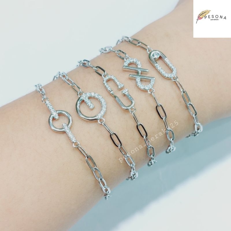 Gelang Perak Asli Wanita Silver 925 Lapis Emas Putih Rantai Nori Catena Plat Permata - Gelang Wanita