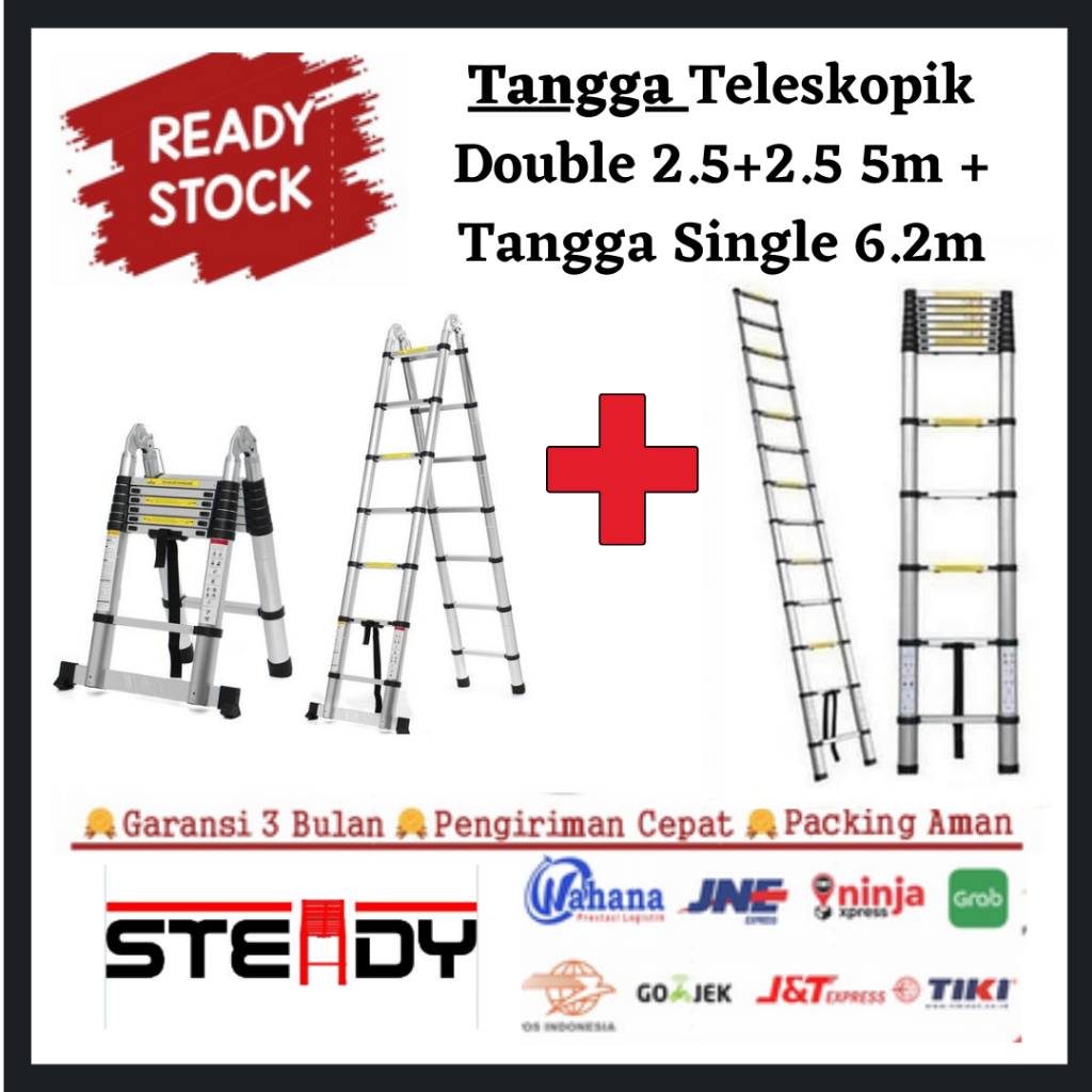 STEADY Tangga Aluminium Teleskopic Single 6.2 Meter + Tangga Aluminium Telescopic 5m 2.5+2.5 Meter
