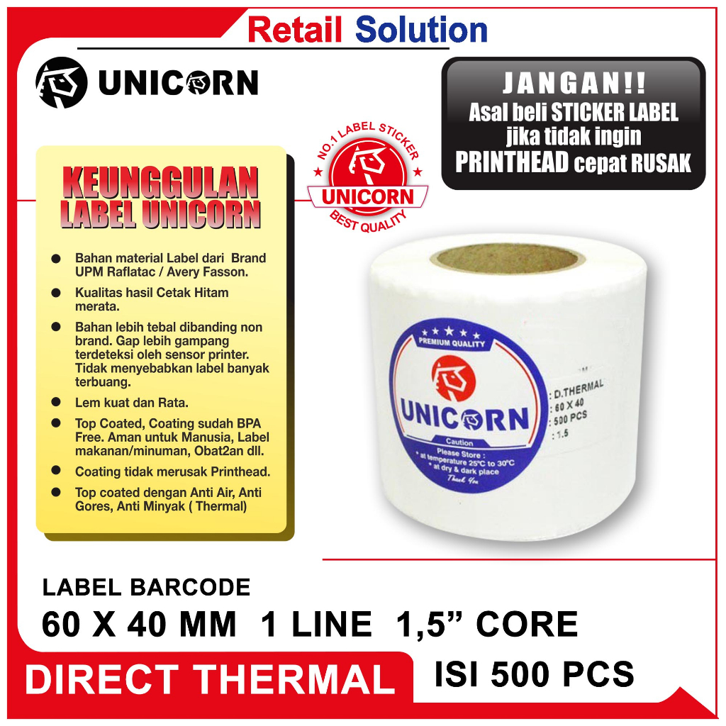 Stiker Label Barcode Thermal 60x40 mm / 60 x 40 mm / 60x40mm Core 1.5&quot;