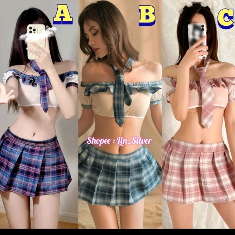 Lingerie Baju Kostum Cosplay Seragam Murid Pelajar Kotak Kotak Sabrina Dengan Dasi Panjang Rok Kotak kotak Pelajar Wanita Sekolah Jepang Seksi Kosplay / Sexy Lingerie Costume Girl student