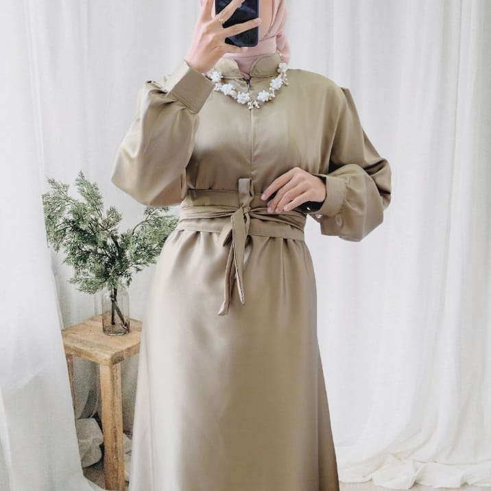 EVELYN GAMIS MAXI SET OBI BELT ATASAN WANITA DRESS BUSUI SATIN SILK PREMIUM (DBY)