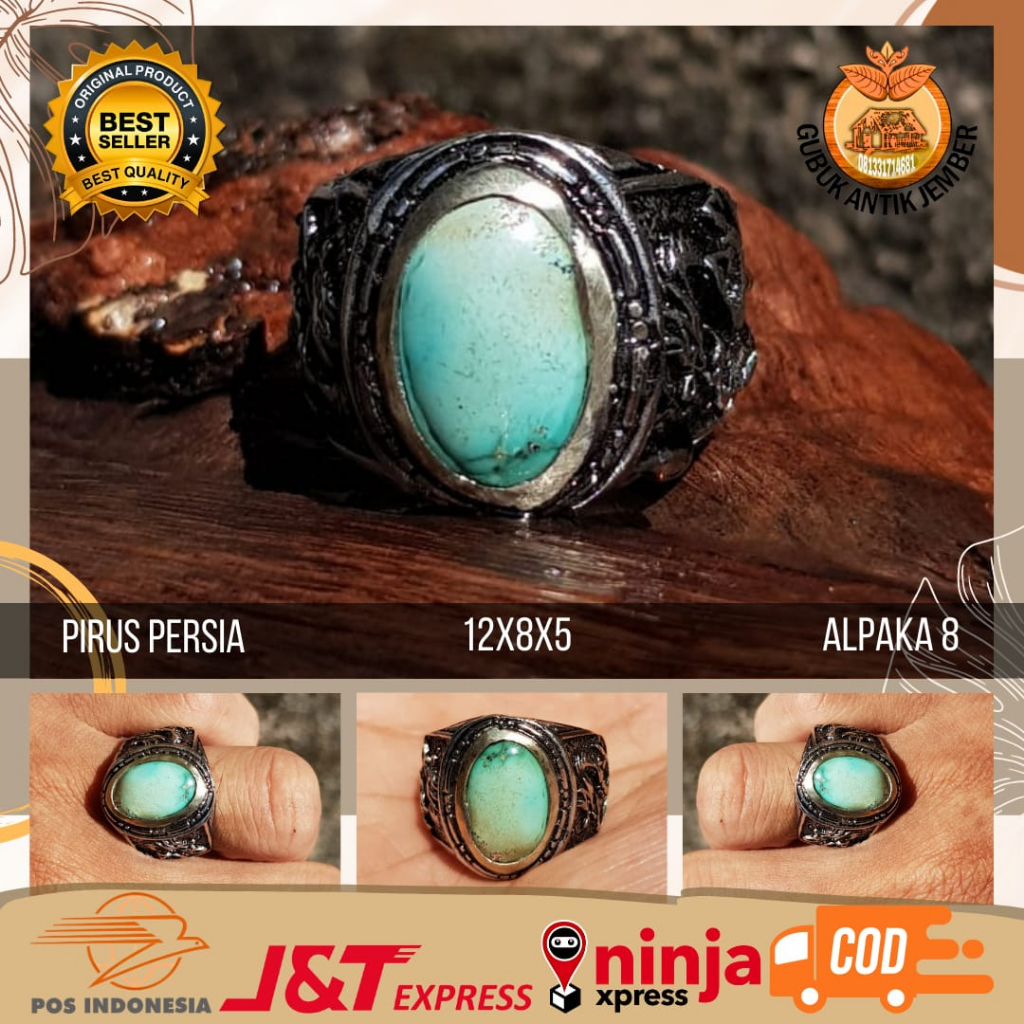 Cincin Batu Akik Natural (Asli) Pirus Persia (Iran) Biru Langit Hu (COD) Dim Kantoran Ring Alpaka Pe
