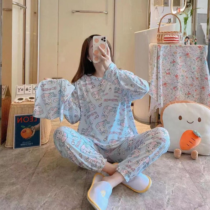 BAJU TIDUR WANITA PIYAMA WANITA BAHAN KATUN ADEM MOTIF PRINT SETELAN FREE POUCH LD 115CM LUCU IMPORT