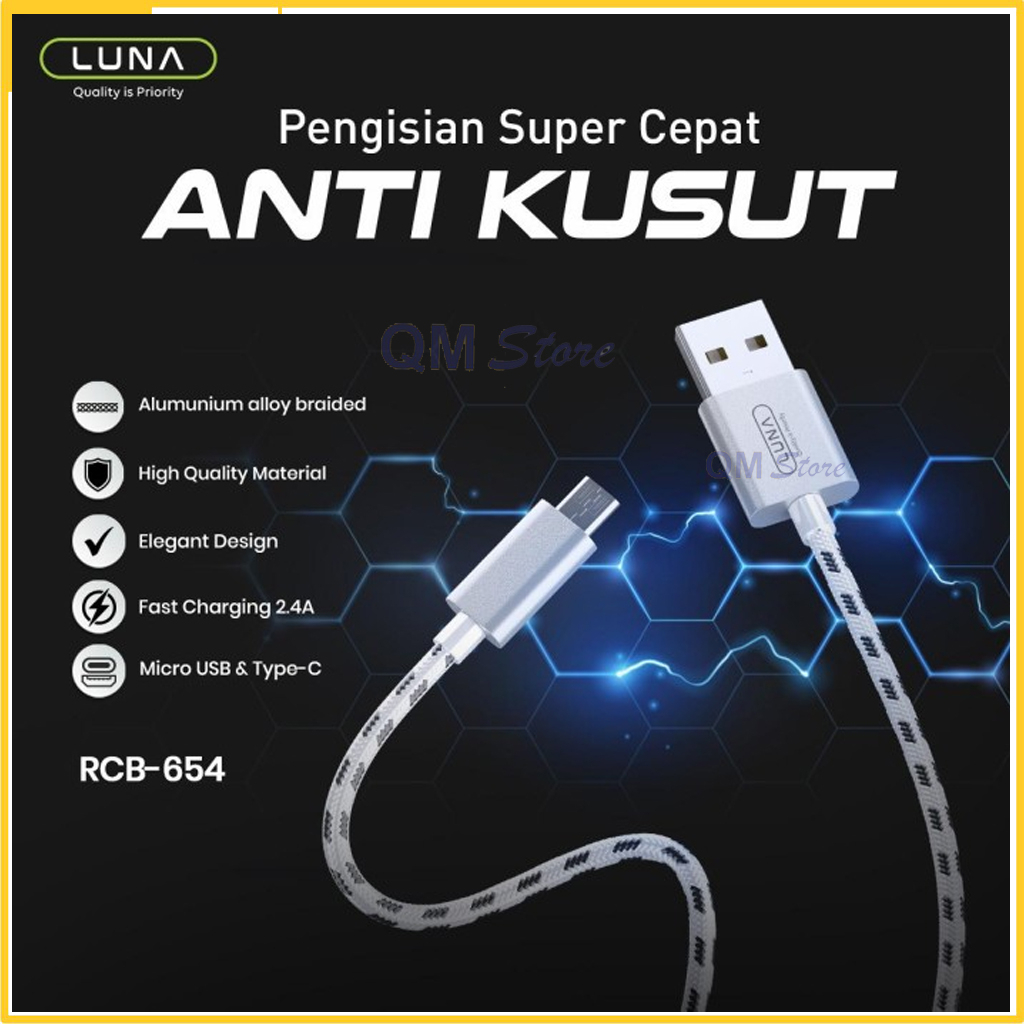 LUNA Data Cable / Kabel Data RCB-654 Micro Usb/ Type C Fast Charging 2.4A Anti Kusut