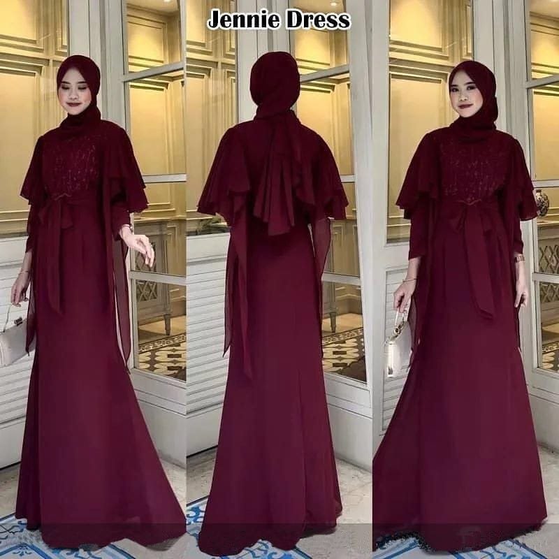 Jennie Set Dress Kondangan FREE PASHMINA Gamis Brukat Gaun Pesta Muslimah Long Dress Gamis Jumbo Baju Wanita Kekinian