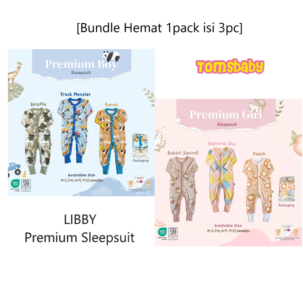 [TOMS] [BUNDLE HEMAT 3pc] LIBBY - Premium Sleepsuit Motif Boy &amp; Girl / Jumper Panjang Bayi