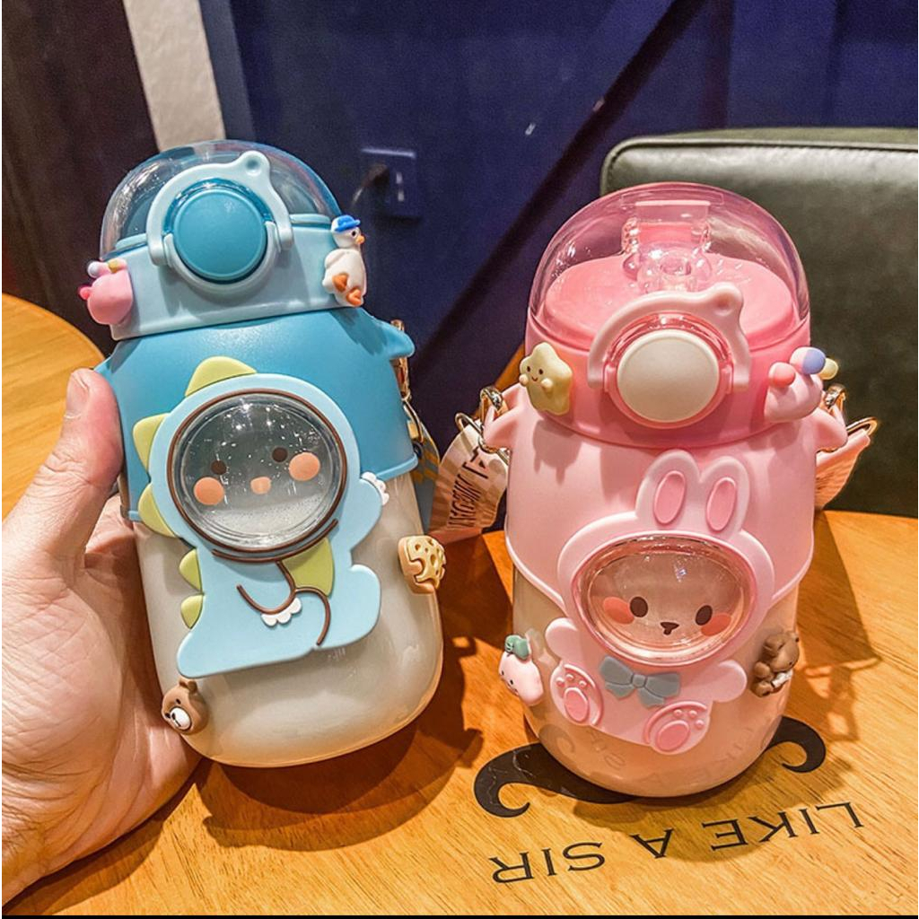 STV botol air minum karaktar 600ml  sedotan dengan tali lucu dan gratis stiker 2 D  3 D