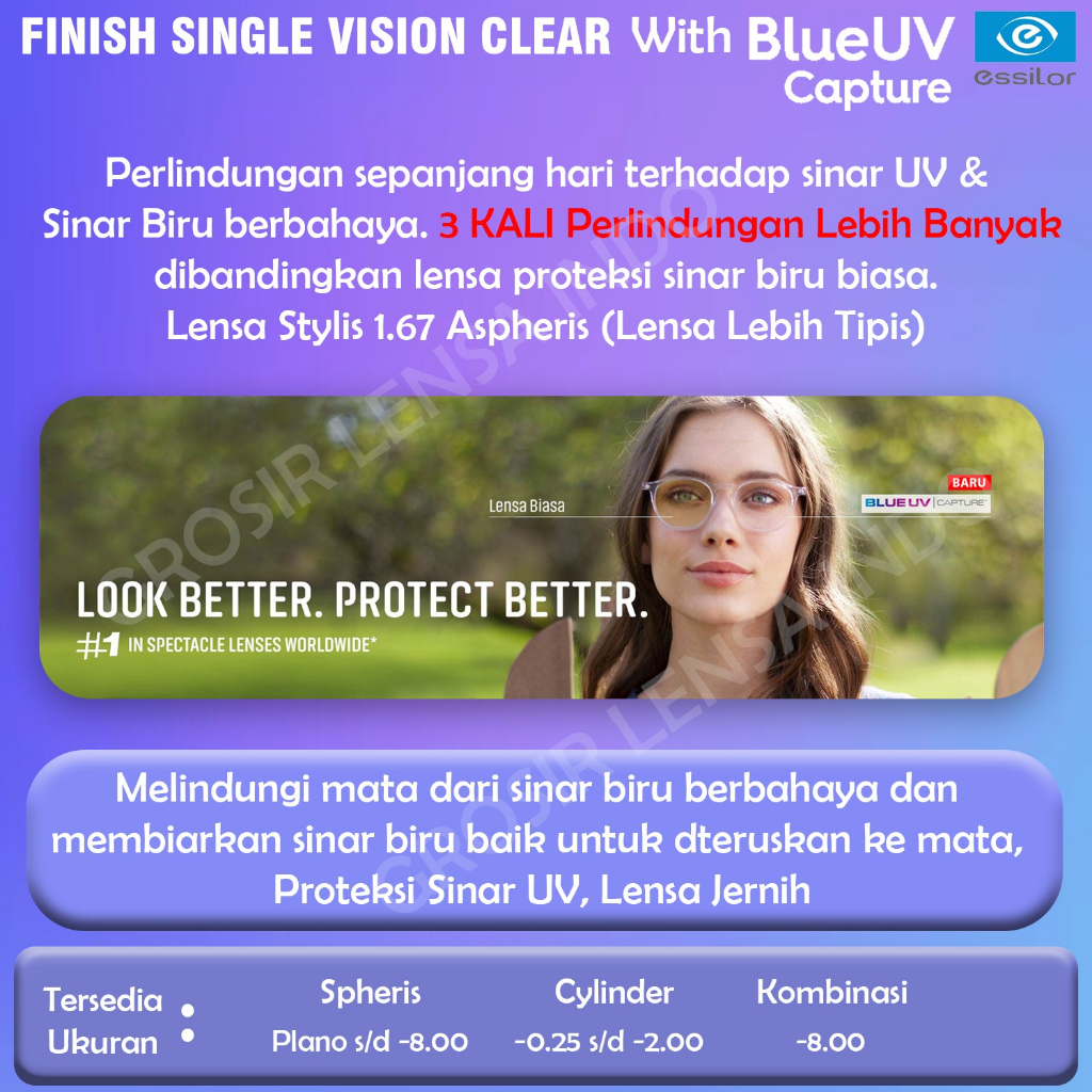 Lensa ESSILOR  stylish 1.67 Aspheris BLUE UV CAPTURE CRIZAL SAPPHIRE   LENSA TIPIS