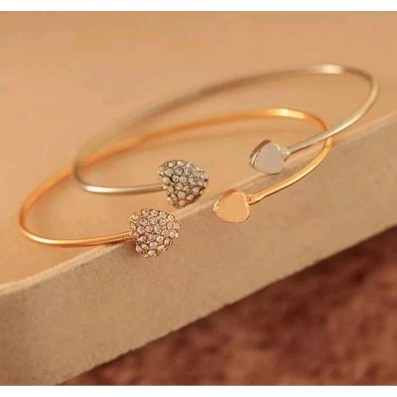 Gelang Bangle Open Cuff Motif Hati Kristal untuk Wanita / Gelang Love / Gelang