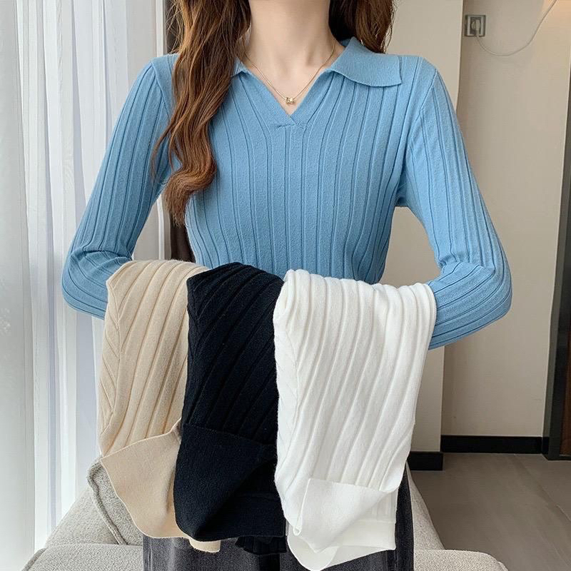 Long Sleeve Korea / ALENA LONG SLEEVE KOREA STYLE / Atasan Rajut Wanita Lengan Panjang / POLO KNIT CROP TOP