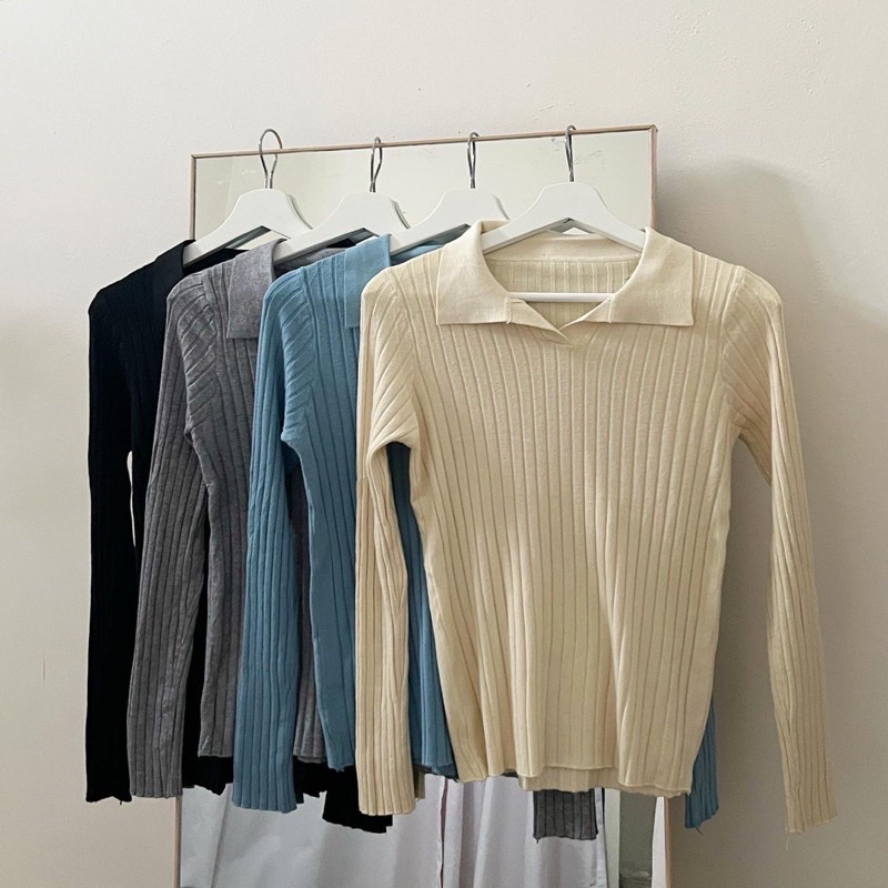 Long Sleeve Korea / ALENA LONG SLEEVE KOREA STYLE / Atasan Rajut Wanita Lengan Panjang / POLO KNIT CROP TOP