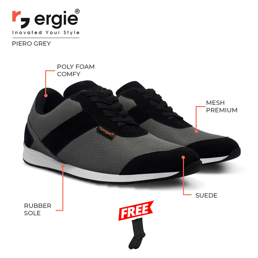 Ergie Piero - Sepatu Sneaker Pria Energetic Hitam Abu Mesh Premium Casual Sport Olahraga Running Sho