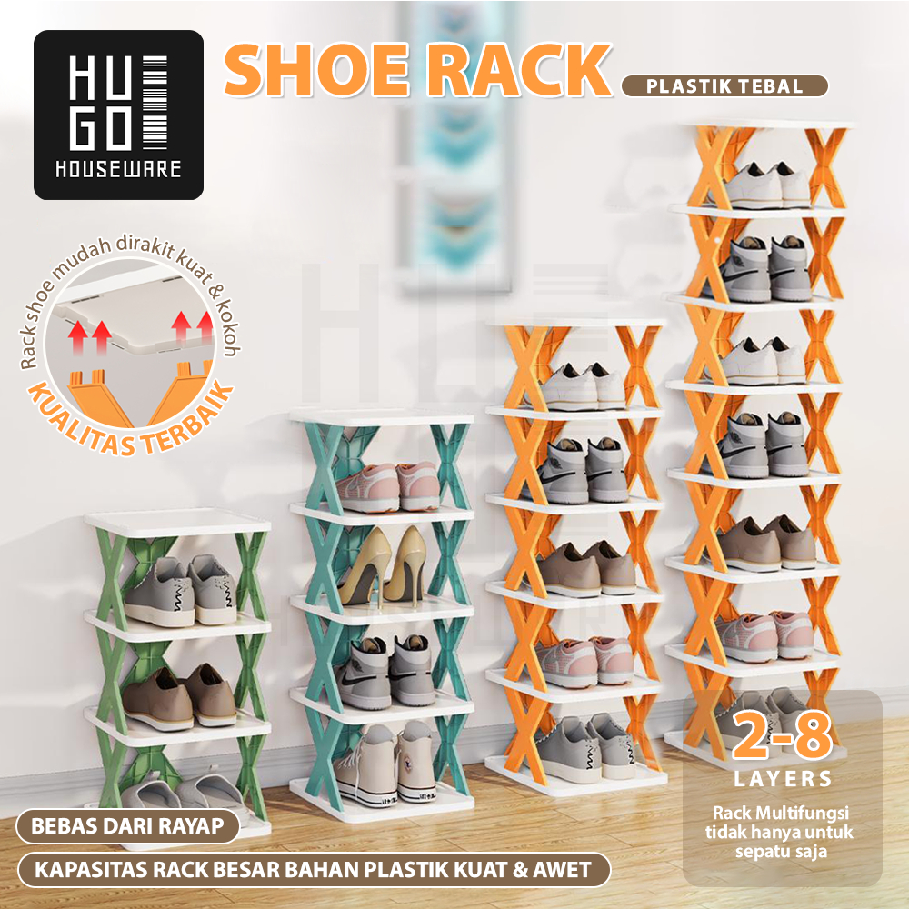 HUGO Rak Sepatu Susun Plastik Tempat Sepatu Sandal Rak Sepatu X Serbaguna 2 Susun 3 Susun 4 Susun 5 Susun 6 Susun 7 Susun 8 Susun