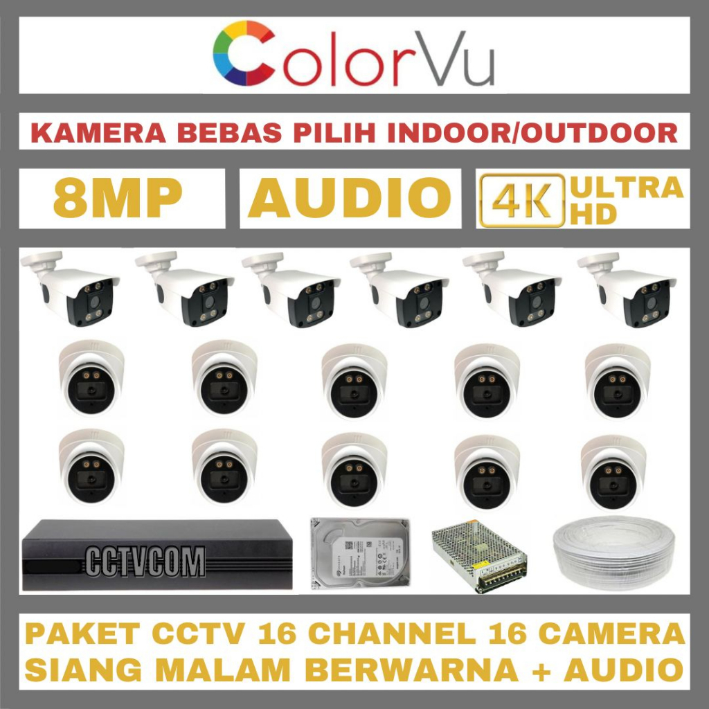 PAKET CCTV COLORVU 8MP 16 CHANNEL 16 KAMERA ULTRA HD 4K CAMERA AUDIO