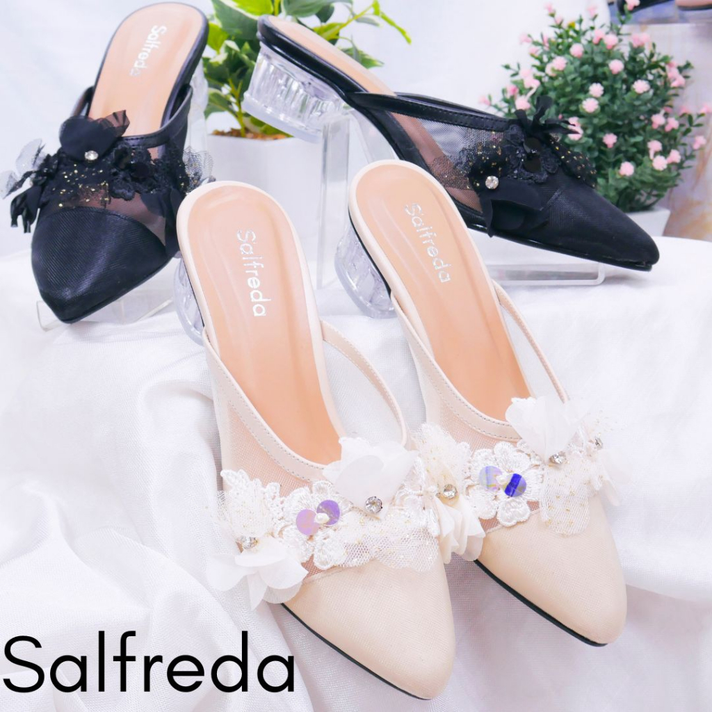 Sandal Sepatu Pesta Wanita Sendal Kondangan Mewah Elegan Terbaru Import Impor Korea Hak Hag Kaca Heels 3 cm Ori Bunga Pernikahan Wedding Kantoran RB70088