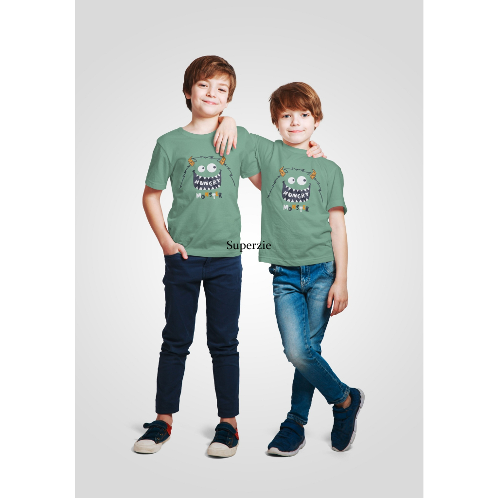 Kaos Anak distro laki laki S,M,L,XL cotton combed Motif HUGNRY MONSTER HIJAUMINT BANDUNG RGKIDS