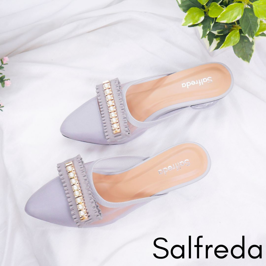 Sandal Sepatu Impor Korea Wanita Pesta Terbaru Kondangan Elegan Mewah Gray Abu Import Hak Heels 3 cm Kaca Pernikahan Wedding Kantoran RB70089