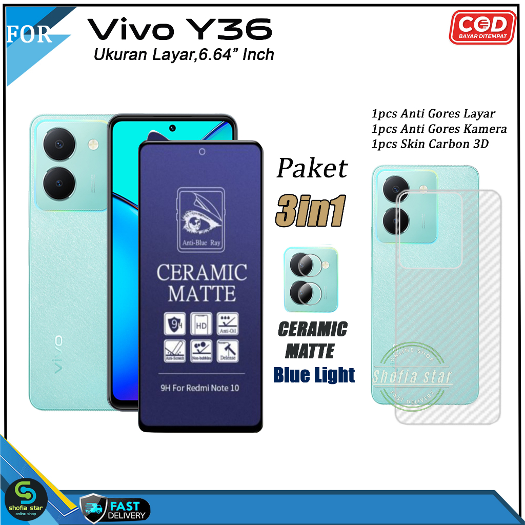 Paket 3in1 Tempered Glass Ceramic Vivo Y36 4G Y36 5G V27e Iqoo z7 Iqoo z7x Anti Gores Privacy Matte Anti Spy Full Cover