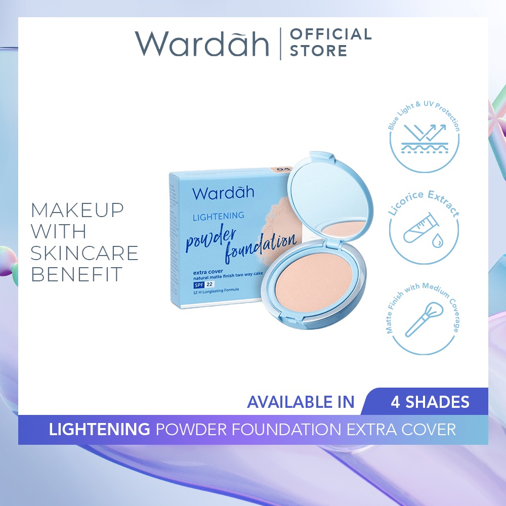 WARDAH Lightening Powder Foundation Extra Cover Indonesia / Bedak Padat 10g / Matte Finish Two Way Cake SPF 22 / 12 H Longlasting / Light Beige Pink Natural / Cosmetic Makeup Face / Compact BB Loose Cream Concealer / Full Set Refill Series / Ligh Feel